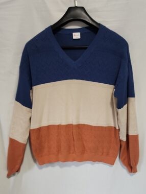 V-Neck Sweater in Blue, Cream & Rust -